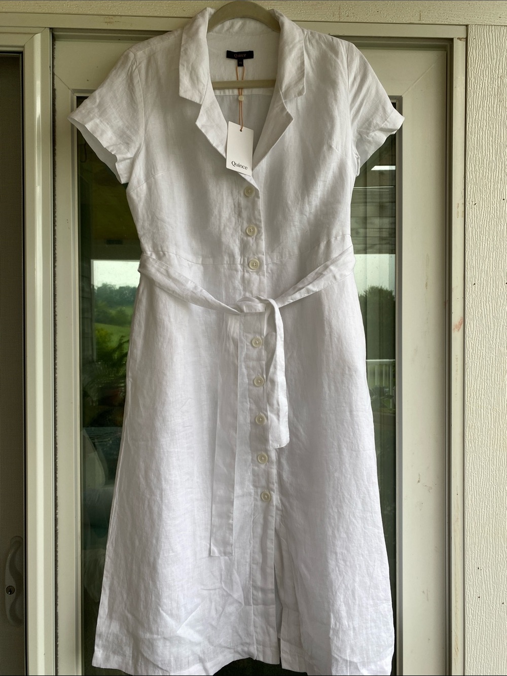 Quince White Linen Short-Sleeve Button Dress with Self-Tie Waist